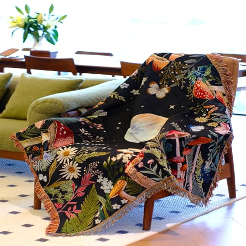 Moonlit Garden Woven Throw Blanket Cotton Moon Boho Throw Blanket with Tassels Boho Chic Decor Reversible Cute Witchy Throws Blankets Multiple Use Blankets Bohemian Tapestry Room Decor Throws 51”x59” - color: Woven Moon Plant