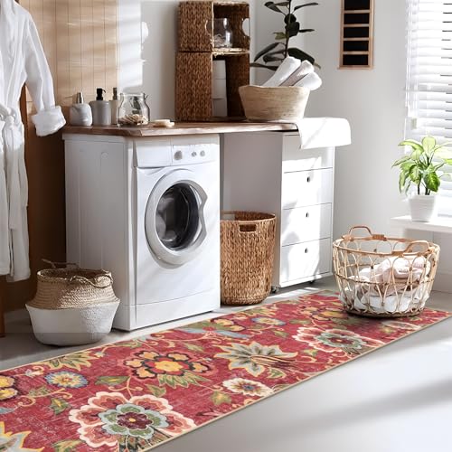 Beeiva Floral Runner Rug Non Slip, Vintage Red 2.5x12 Rug Runner for Hallways Non-Slip, Printed Distressed Ultra Thin Foldable Washable Runner Rug for Bedroom Bathroom Christmas - color: Red, size: 2'5" x 12' (Rectangular)
