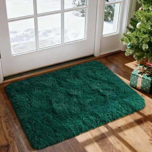 Merelax Fluffy Shaggy Area Rug, Deep Green 2x3 Small Rugs for Fireplace Christmas Holiday Decor, Mini Fuzzy Plush Throw Rug, Soft Non-Slip Entryway Rugs Shag Catpet for Livingroom Home Aesthetic - color: Deep Green, size: 2' x 3' (Rectangular)