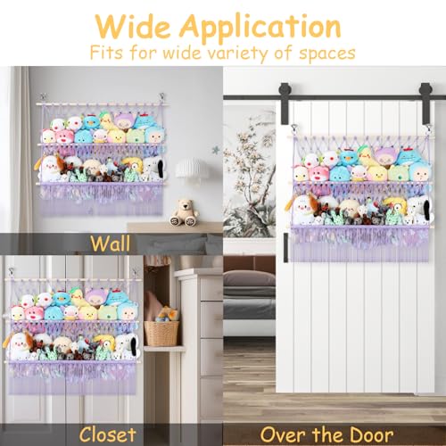 2 Tier Stuffed Animal Storage Shelf Net, 35x30'' Large Plushie Net w/ 2.4/1'' Dense Mesh for Mini Medium Stuffy Teddy, Purple Boho Macrame Toy Holder Display w/ Lights&Clips for Nursery Kid Girl Boy - color: Light Purple, size: Large-2 Tier-35x30 Inch