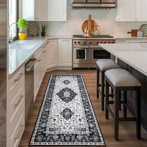 Amearea Vintage Design Runner Rugs for Living Room, 2x6 Machine Washable Floral Collection Traditional Bedroom Rug, Low Pile Cute Kids Room Print Carpet, No Slip Office Kitchen Home Decor, Black - color: Black, size: 2' X 6' (Runner)
