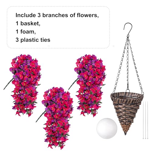 Bougainvillea Artificial Hanging Fake Flowers with Basket for Outdoors Decoration, Faux Silk Flowers UV Resistant Fake Plants Long Vines Realistic for Outside Front Door Porch Patio, Fuchsia Hotpink - color: Fuchsia Hotpink