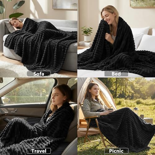 HIMEET Fleece Black Queen Blanket for Bed - 300GSM Ribbed Soft Cozy Bedding Blanket, House Warming Gifts New Home, Luxury Bedroom Decor Throws, 90x90 Inches - color: Black, size: Queen (90" x 90")