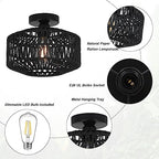 Rattan Light Fixtures Ceiling Mount,Boho Ceiling Light Fixture with Dimmable LED Bulb，Mini Hand Woven Rattan Chandelier Light Fixtures Ceiling for Bedroom Kitchen Entryway Living Room Hallway（Black） - color: Black