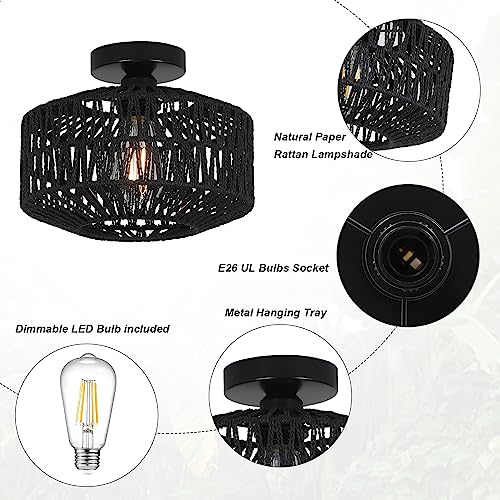 Rattan Light Fixtures Ceiling Mount,Boho Ceiling Light Fixture with Dimmable LED Bulb，Mini Hand Woven Rattan Chandelier Light Fixtures Ceiling for Bedroom Kitchen Entryway Living Room Hallway（Black） - color: Black