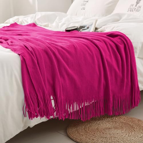 Homiest Decorative Knitted Throw with Fringe, Lightweight Acrylic Knit Blanket, Soft & Cozy Tassel for Couch Sofa Bed (Dark Pink, 50 x 60 Inch) - color: Fuschia, size: 50" x 60"