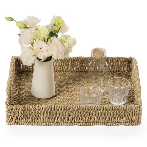 Wicker Scalloped Serving Tray with Handles - Seagrass Handwoven Trays,Water Hyacinth Tray for Home Decor and Living Room, Dining Table, Bathroom Organizing, 17.3" L x 13.4" W x 3.6" H - color: Seagrass-rectangle, size: 17.3" x 13.4" x 3.6"
