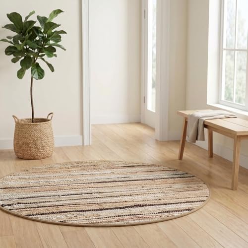 Cotton Hand Woven Chindi Area Rug 4 Feet Round - Beige, Reversible Circle Green Dinning Space Floor Rugs Ideal for Bedroom, Living Room, Kitchen | Linen Farmhouse Recycled Patio Mats for Balcony Décor - color: Beige, size: 4' (Round)