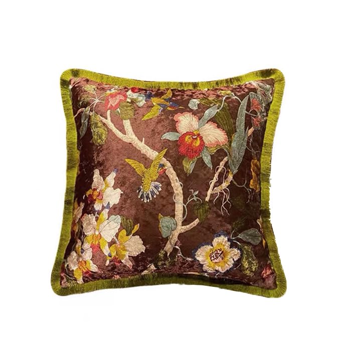 GUMAS Original Luxurious Floral and Bird Print Velvet Throw Pillow, Cushion Cover with Vintage Chinese Style Design (1, Brown Cover) - color: Brown Cover