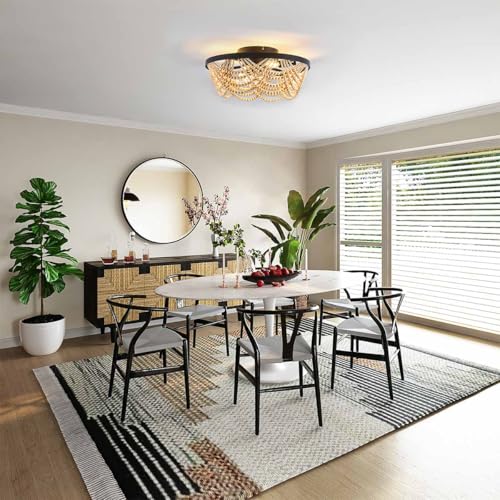Boho Ceiling Fan with Lights Flush Mount,20 Inch Bohemia Black Wood Bead Close to Ceiling Fan Light, 4 Lights Low Profile Enclosed Ceiling Fans with Remote Control for Bedroom Living Room Kitchen - color: Black