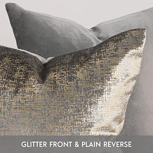 Phantoscope Pack of 2 Sparkling Velvet Geometric-Pattern Throw Decorative Pillow Cover Soft Gold Glitter Square Cushion Cover Pillowcase for Couch Bed and Chair, Grey, 18 x 18 inches, 45 x 45 cm - color: Grey and Gold, size: 18" x 18" (Pack of 2)
