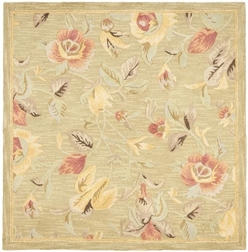 SAFAVIEH Blossom Collection Area Rug - 6' Square, Green & Multi, Handmade Floral Wool, Ideal for High Traffic Areas in Living Room, Bedroom (BLM785A) - size: 6' x 6' (Square)