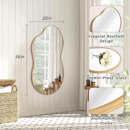 JJUUYOU Asymmetrical Mirror with Metal Frame Irregular Bathroom Mirror Decorative Wall Mirror Large 20"x36" Vintage Mirrors for Living Room Bathroom Bedroom Entryway Wall Decor - color: Wood, size: 36"L x 20"W