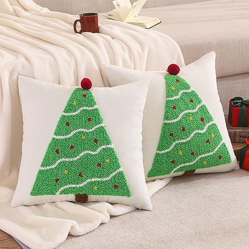 Christmas Tufted Pillow Covers 18 x 18 Inch Set of 2 Green Xmas Tree Throw Pillow Covers Christmas Party Decors Winter Holiday Cushion Case for Sofa Couch Bed Living Room - color: Green Christmas Tree, size: 18" x 18" (Pack of 2)