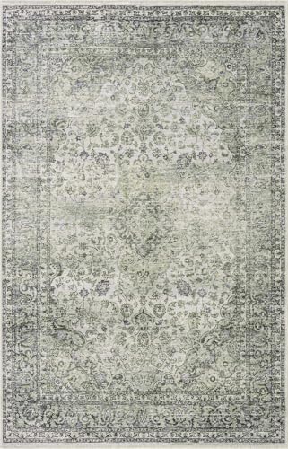 Hauteloom Cristy Bohemian Vintage Medallion Area Rug - Farmhouse Oriental Carpet for Living Room, Bedroom - Machine Washable- Cream, Olive - 6'7" x 9' - color: Cream, Olive / Cristy, size: 6'7" x 9' (Rectangular)