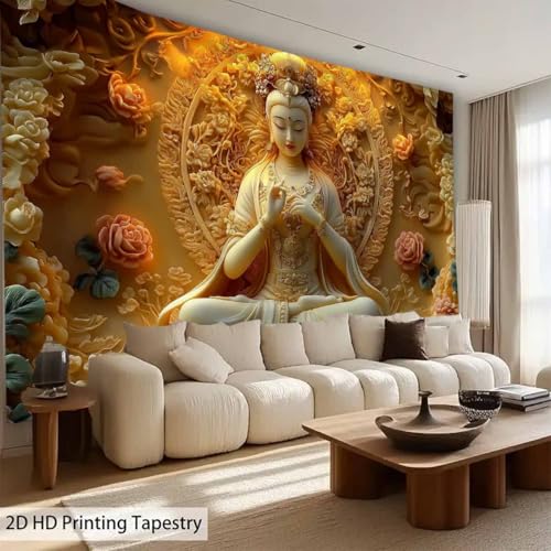 FENDROM Sitting White Buddha Tapestry Wall Hanging Buddhist Statue With Flower Meditation Wall Decor Zen Art Psychedelic Indian Wall Blanket for Bedroom Living Room Home Decor - color: White, size: 59"L x 39"W