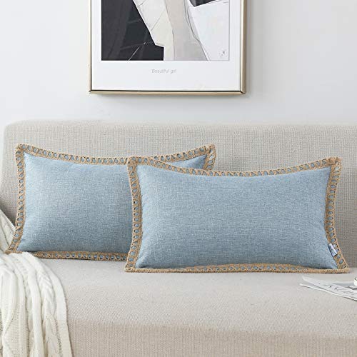 NordECO HOME Set of 2 Farmhouse Throw Pillow Covers - Burlap Linen Trimmed Tailored Edges Decorative Cushion Covers for Bed Home Decoration, 12 x 20, Blue - color: Light Blue, size: 20" x 12" (Pack of 2)