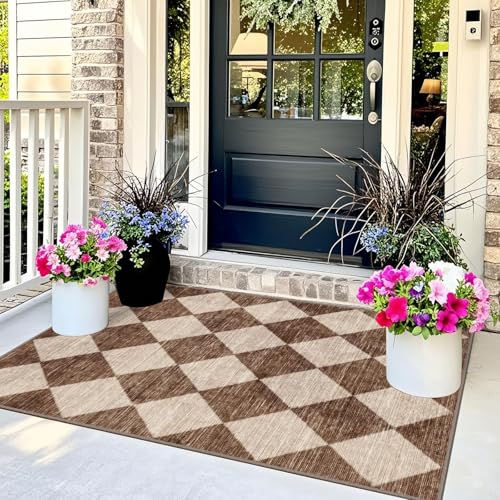 Brown Beige Checkered Entry Rug - 3x5 Non-Slip Washable Indoor Outdoor Front Door Mat Porch Rug Farmhouse Diamond Throw Carpet for Living Room Bedroom Entryway Kitchen Office Fall Porch Decor - color: Diamond - Brown Beige, size: 3' x 5' (Rectangular)