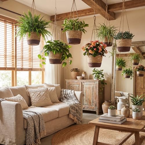 6 Pcs Seagrass Hanging Planter Basket Hand Woven Plant Basket with Plastic Liners Hanging Plant Holder Storage Containers with Cotton Rope for Indoor Garden Decor (Small,Brown,Coffee Brown) - color: Brown, Coffee Brown, size: Small