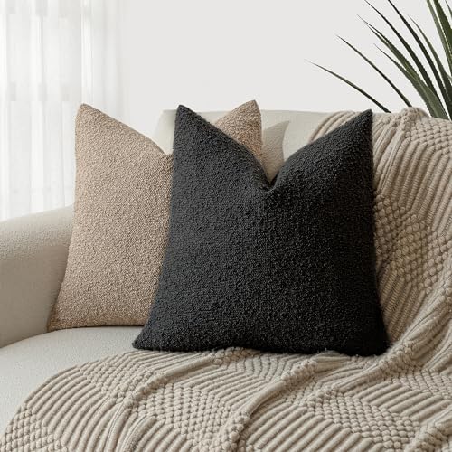 Foindtower Set of 2, Decorative Textured Boucle Throw Pillow Covers Accent Solid Pillow Cases Neutral Soft Cozy Couch Cushion Case for Chair Sofa Bedroom Living Room Home Decor 16 x 16 Inch Black - color: Black, size: 16" x 16" (Pack of 2)