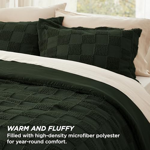 Bedsure Dark Olive Green Queen Size Comforter Set, Boho Tufted Bed Set, Checkered Farmhouse-Style Distressed Vintage Bedding, 3 Pieces, 1 Plaid Geometric Comforter and 2 Pillow Shams - color: 02 - Dark Olive Green - Tufted Checkboard, size: Queen