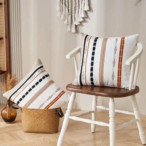 Boho Pillow Covers 18x18 Square Farmhouse Decorative Cushion Case Striped Square Cushion Cover Cozy Soft Neutral Throw Western Pillows Protector Modern Decorative for Couch Sofa Bed, Set of 2 - color: Orange