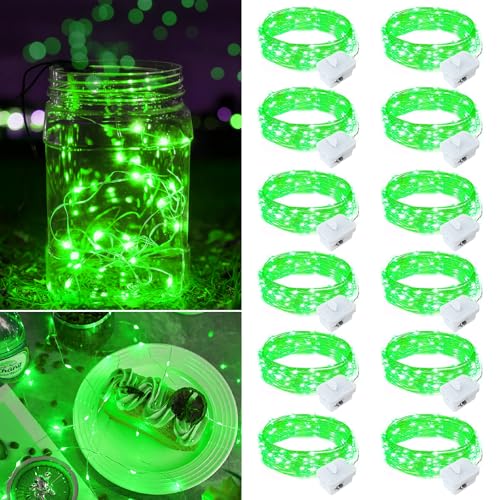 12 Pack Green Fairy Lights Battery Operated, 7ft 20 LED Mini String Twinkle Lights for Christmas St. Patrick's Day Halloween Mason Jars Centerpiece Table Decorations (12, Green) - color: Green