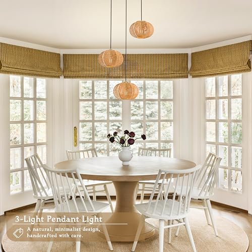 12" Boho Natural 3-Light Boho Chandeliers for Kitchen Island Hand-Woven Boho Rattan Chandeliers Dimmable Adjustable Hanging Chandelier for Dining Room Living Room Hallyway（Bulb Incl. - color: 11.8" Natural 3-Light