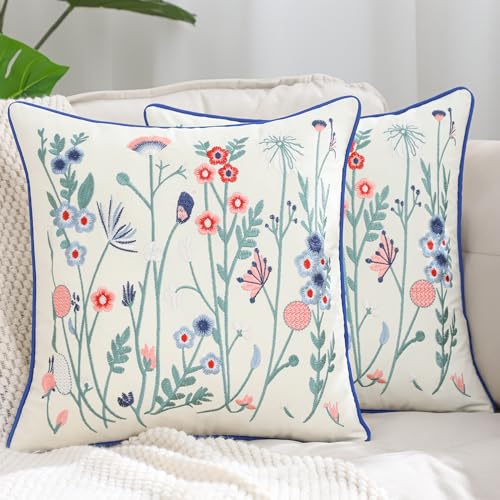 LUOYEHK Embroidered Throw Pillow Covers 18x18 Inch Set of 2 Blue and Pink Flowers Decorative Pillow Covers Spring Summer Flora Pillowcase Cushion Cover for Couch Sofa Bed Home Decor - color: Pink Blue Flower