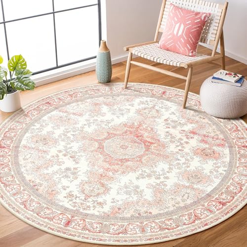 Pink Round Rug 4ft, Circle Washable Area Rugs for Bedroom Bathroom Entryway, Small Boho Vintage Bohemian Distressed Oriental Floral Carpet Non Slip,Blush Floral - color: Rug11-pink, size: 4'x4'