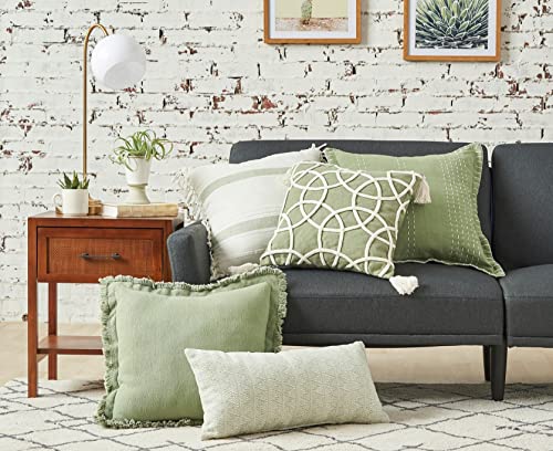 carol & frank Lily Sage Geometric Accent Throw Pillow w/White Tassel Fringe 18" x 18" All Seasons Springtime Spring Home Living Room Sofa Couch Chair Bed Bedroom Premium Luxury Decor Decoration 18" x