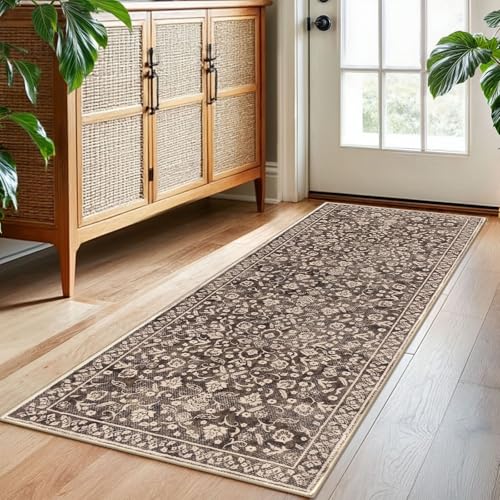 Vintage Washable 2x5 Rug Runner, Rust Brown Red Runners for hallways, Super Soft Kitchen Runner Rug Non Slip, Print Faux Wool Floral Thin Carpet Runner for Entryway Indoor Bedroom - color: Rust Brown Red, size: 2' x 5' (Runner)