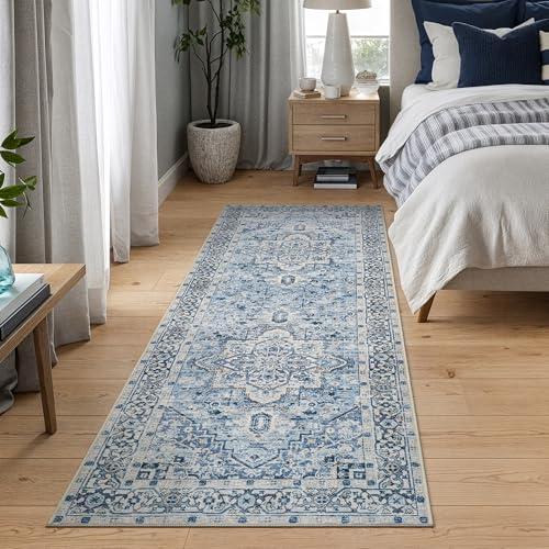 Bloom Rugs Caria Washable Non-Slip 7 ft Runner - Blue Traditional Runner for Entryway, Hallway, Bathroom, and Kitchen - Exact Size: 2'6" x 7' - color: Blue, size: 2'6" x 7' (Runner)