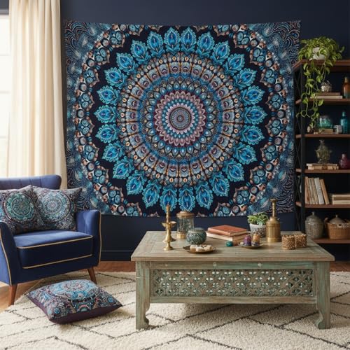 Motanber Blue Mandala Tapestry Wall Hanging Vintage Medallion Tapestry Aesthetic Hippie Boho Floral Cool Cute Small Tapestries for Bedroom Living Room Dorm Decor 60 x 44 Inch - color: Navy Blue, size: 60"L x 44"W
