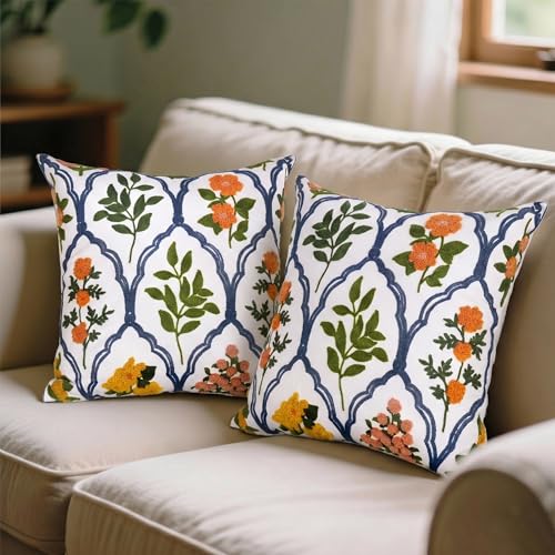 Alysheer Spring Summer Floral Embroidered Decorative Throw Pillow Cover 18"x 18" Set of 2, Orange Flowers Embroidery Patterned Multicolor Cushion Case for Sofa Couch Living Room Bedroom Outdoor - color: - Orange Mustard, size: 18" x 18" (Pack of 2)
