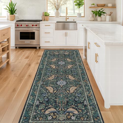 Hazo Haus Boho Vintage 2'6"x8' 8ft Hallyway Long Runner Rug - Non Slip Washable Front Door Rug Indoor Entrance, Kitchen, Bathroom, Low Pile & Soft Woodland Floral Kitchen Floor Mats - color: Blue, size: 2'6" x 8' (Runner)