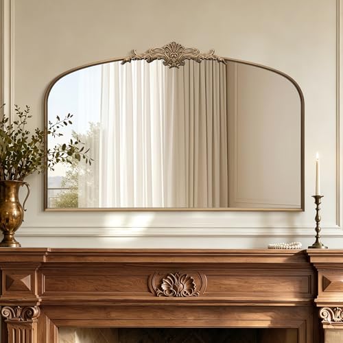 Besdomus Vintage Arched Gold Mirror: 55"x36" French Brass Antique Vanity Mirror - Overmax Decorative Baroque Traditional Ornate for Home Renovation Decor - Idea for Entryway/Fireplace/Bathroom - color: Brass Gold, size: 36"L x 55"W