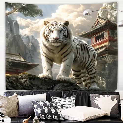 Yookeb White Tiger Animal Tapestry 59W by 51H Inch Wall Hanging Cool Majestic Wildlife Man Bedroom Living Room Dorm Polyester Fabric Home Decor - color: White Tiger, size: 59"L x 51"W