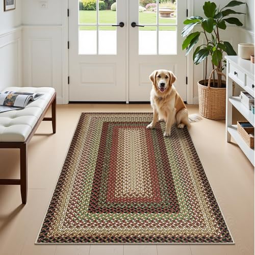 Ileading Faux Braided Area Rug 3'x5' Washable Farmhouse, No-Shed Non-Slip Woven Carpet, Pet Friendly Stain Resistant Jute Style Rug for Kitchen Bedroom Bathroom Entryway - color: Multi Color-red, size: 3' x 5'(Rectangular)