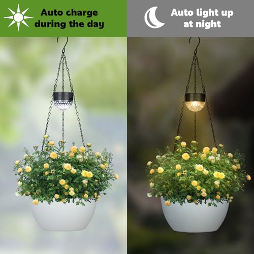 BAYN 2 Packs Solar Hanging Basket Planters for Plants Outdoor, Self Watering White Flower Plants Pots with Solar Light Drainer for Balcony Patio Garden Outdoor Decoration - color: White