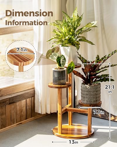 Bamworld Plant Stand Indoor 3 Tier Wood Plant Shelf for Multiple Plants, Tall Corner Plant Stand for Outdoor Round Flower Stand Plant Holder for Living Room Patio Garden Balcony