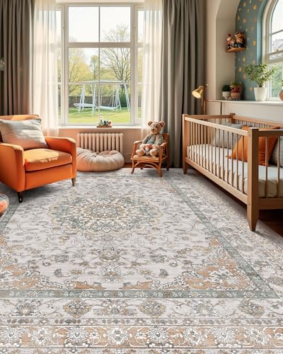 Farmhouse Washable Neutral Area Rugs for Living Room Bedroom Nursery, 8x10 Floral Dining Room Rug Under Table- Oriental Medallion Non Slip & Stain Resistant Carpet, Soft Vintage Mat(Beige & Orange) - color: Beige/Orange/Grey, size: 8' x 10' (Rectangular)