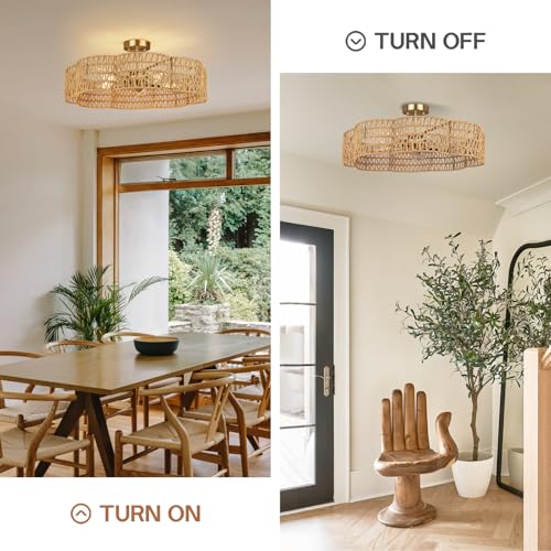 24” Boho Rattan Ceiling Light Fixture, Hand-Woven Wicker Flush Mount Chandelier, Rustic Coastal Scalloped Gold Base Semi Flush Lighting for Bedroom, Dining Room, Kitchen, Foyer, Living Room - color: Rattan A