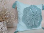 Boho Macrame Floral Throw Pillow Cover with Corner Tassels, Light Turquoise Hand Knitted Fringe Decorative Square Cushion Case for Sofa Couch Bedroom Home Decor, 18x18 Inch (Pillow Insert Not Included