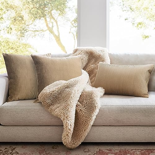 YCOLL Khaki Pillow Covers 22x22 Set of 2 Velvet Striped Pattern - Soft Throw Pillows for Home Decor, Luxury Decorative Pillow Covers for Couch, Bed,Living Room - color: Khaki, size: 22" x 22" (Pack of 2)