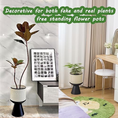 PandS Metal Planter with Stand Beige Rattan-Style Indoor & Outdoor Plant Pot, 12 Inch Decorative Planter with Drainage for Herbs, Succulents & Cactus