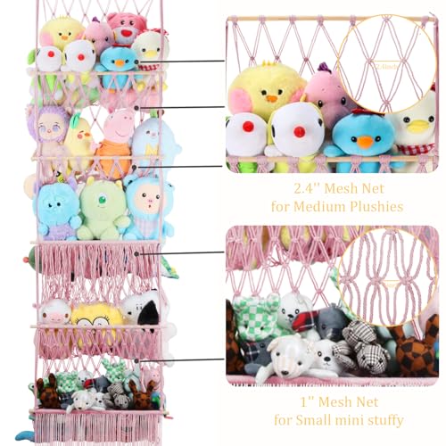 5 Tier Stuffed Animal Storage Shelf Net, 17x61 Inch Large Plushie Net w/LED Light & Clips for Mini Medium Stuffy Teddy, Pink Boho Macrame Wall Toy Holder Display for Nursery Kids Girls Boys - color: Light Pink, size: Large-5 Tier-17x61 Inch