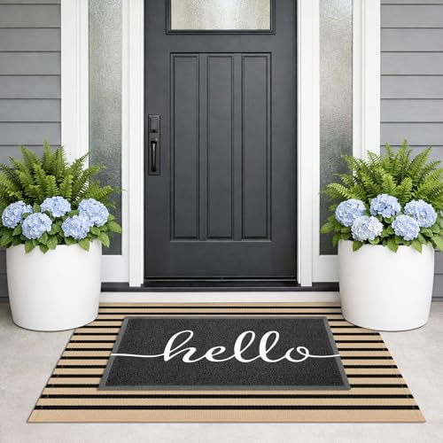 KILOCOCO Striped Rug 2.3'x3.6' Front Door Rug Woven Cotton Washable Stripe Layered Doormats Indoor Outdoor Door Mat for Front Porch/Kitchen/Farmhouse/Entryway/Patio, Brown - color: Brown and Black Stripes, size: 2'4" x 3'7" (Rectangular)