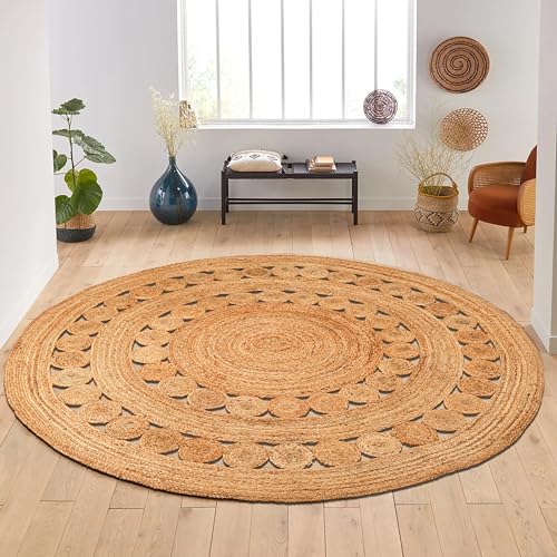 Hand Woven Jute Area Rug - 7' Round - Rustic Beige Reversible Farmhouse Rugs for Bedroom, Kitchen, Living Room - Vintage Natural Braided Entry Floor Décor Circle Boho Round Rugs 7ft - color: Natural, size: 7' (Round)