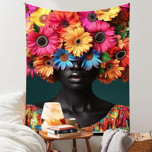 RichIdeas Black Women Wall Art Tapestry Vertical Flower Girl Tapestry African Print Tapestries for Women Men Teens Modern Decor Wall Art 44x60 Inches RITADJ1194 - color: colorful